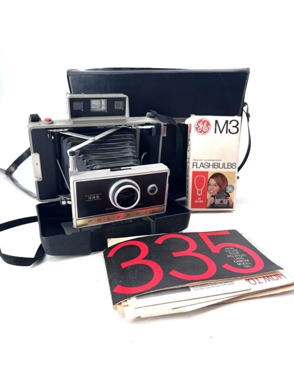 Vintage Polaroid 335 Automatic Land Camera With Case, Flash, Bulbs & Literature